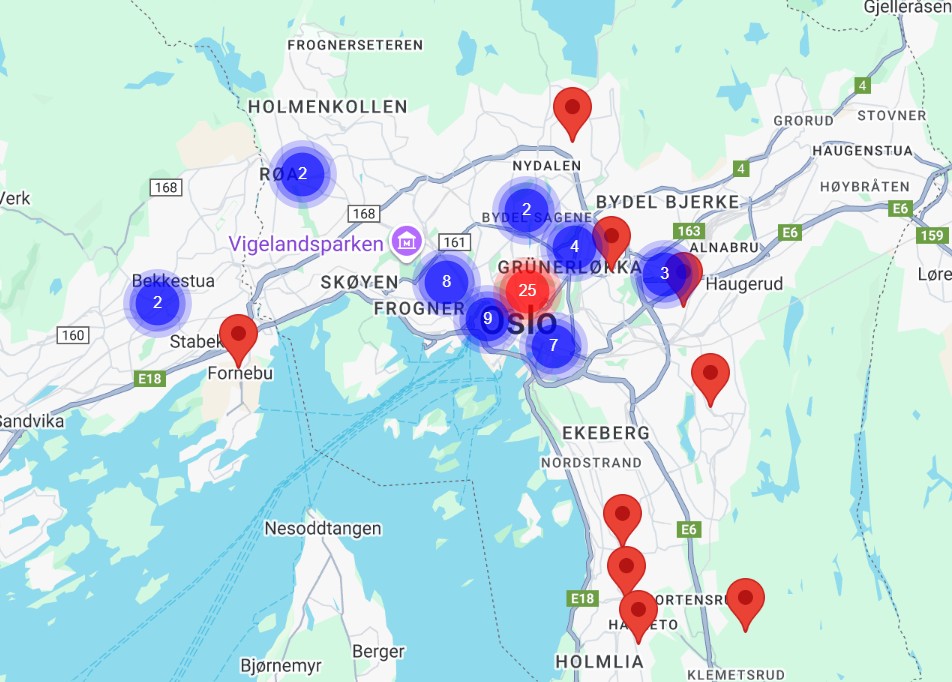 Kart over Oslo med markører over alle bruktbutikker som selger klær