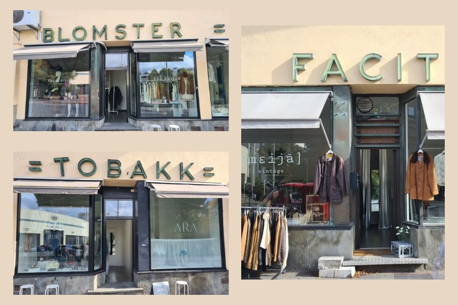 Butikkfasadene til meija vintage, Flo Atelier og The Edited på Bislett med gamle skilt over butikkene