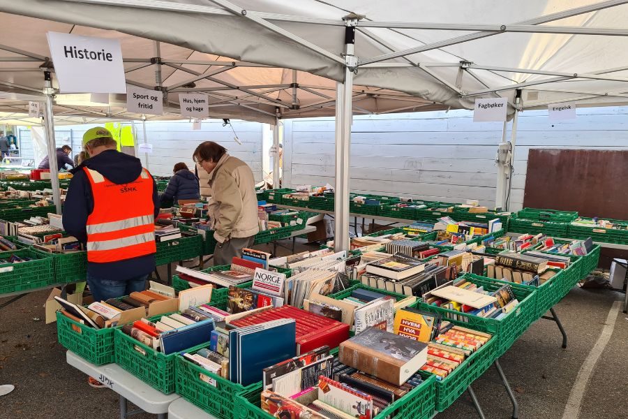 Stor bokavdeling som er kategorisert på loppemarkedet på Smestad skole