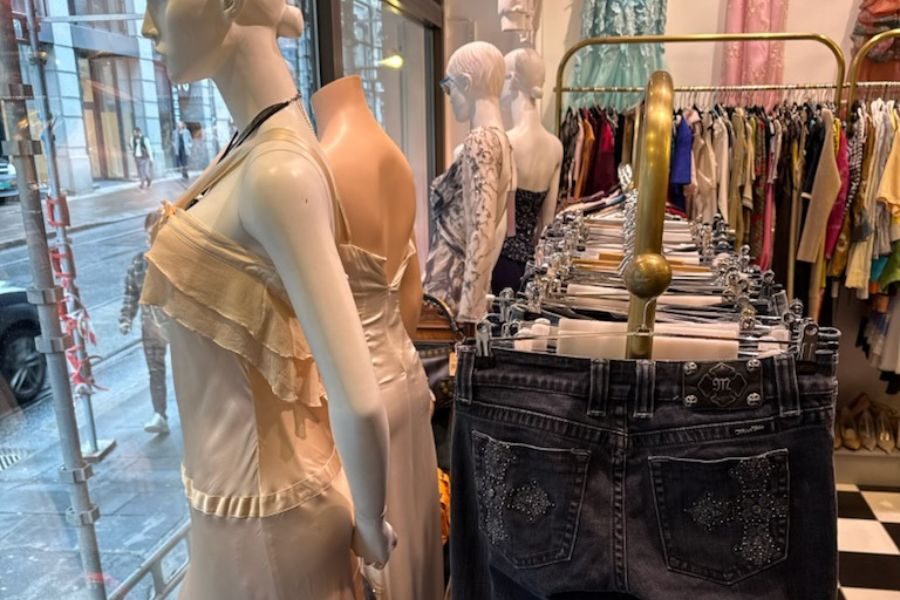 Mannequinner og stativ med vintage jeans og klær på stativ hos LÉ TREND i Oslo sentrum