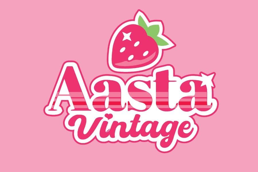 Rosa plakat med Aasta Vintage sin logo med et jordbær