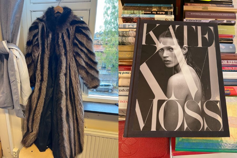pelskåpe og bok på loppemarked på vinderen skole