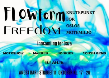 plakat for marked på Angst Bar lørdag 11. oktober med moteshow, marked m.m. til inntekt for Gaza