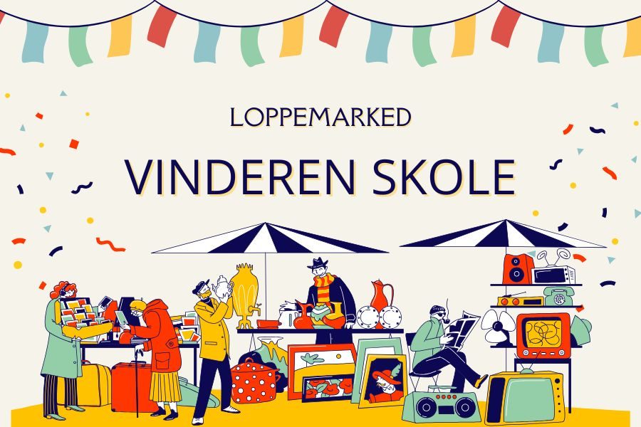 plakat loppemarked vinderen skole Fargerik plakat for loppemarkedet på Vinderen skole