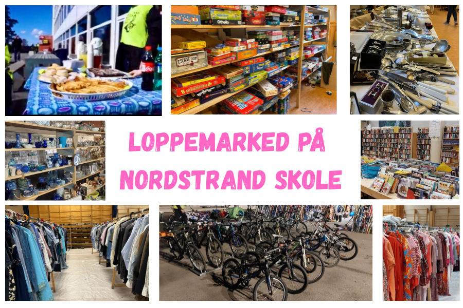 Plakat for loppemarkedet på Nordstrand skole i regi av Nordstrand skolenes musikkoprs med mange ulike avdleinger
