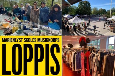 Plakat for loppemarkedet på Marienlyst skole med stemningsbilder