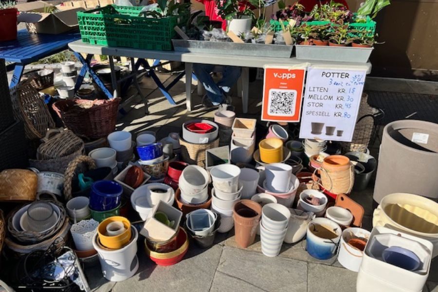 En avdeling med blomsterpotter hos Bøler og Nøklevann sitt loppemarked på Ulsrud videregående skole