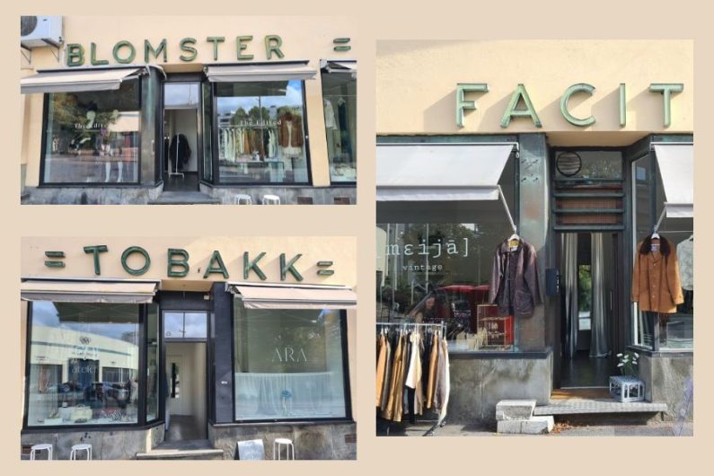 Butikkfasadene til meija vintage, Flo Atelier og The Edited på Bislett med gamle skilt over butikkene